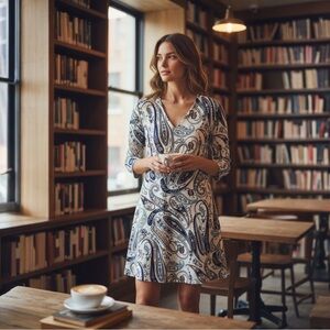 Aryeh Blue and White Paisley Midi Dress